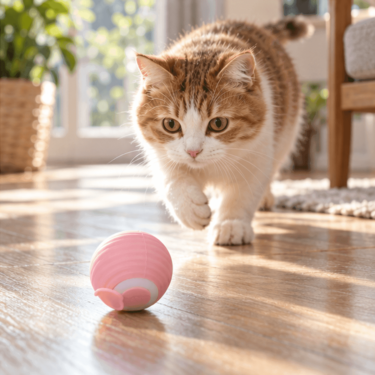 HANDOFF-48|DSH260125|07|cf8d703ba5c0|Pelota Interactiva Recargable para Gatos con Movimiento - Rosa - Escena editorial aspiracional
