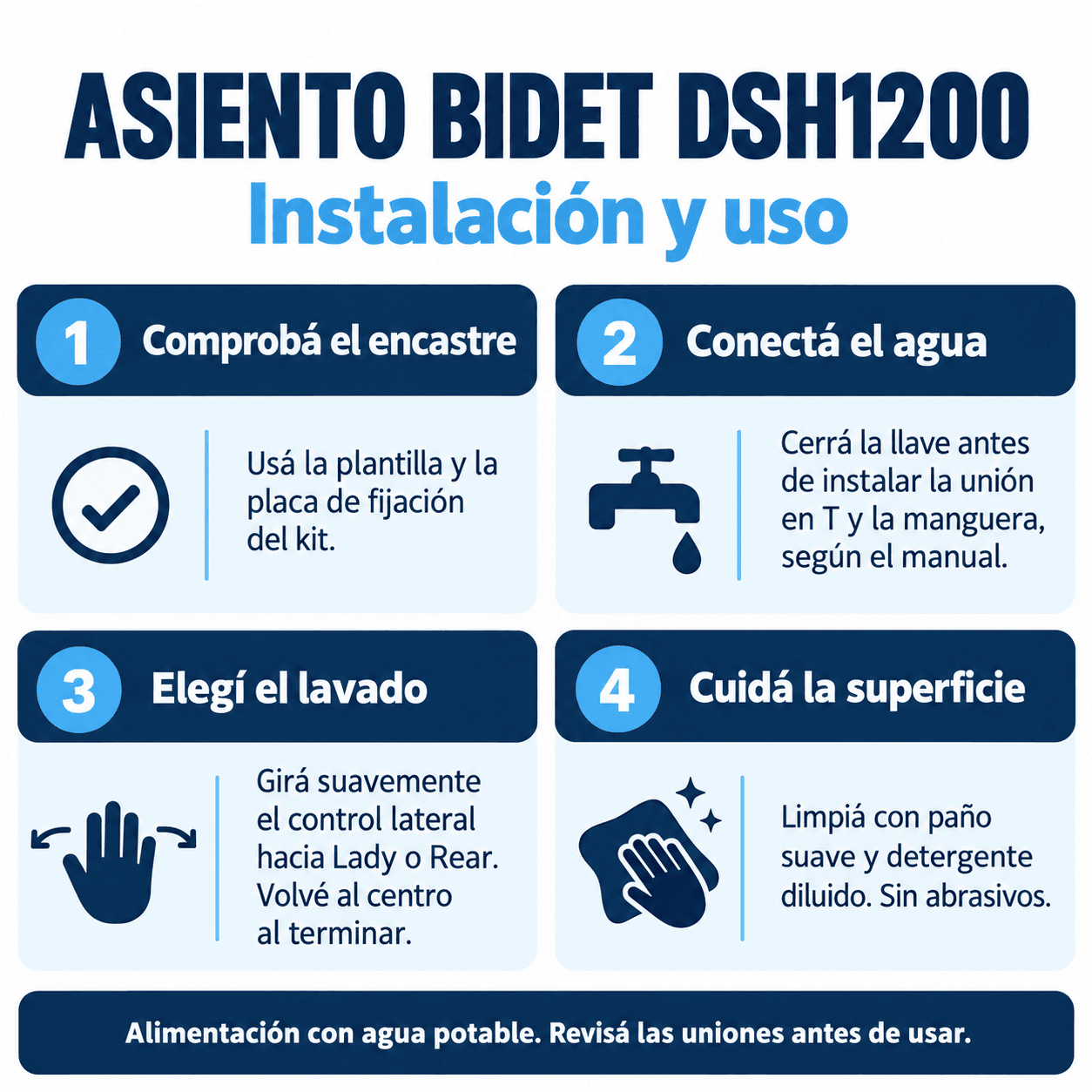 Asiento bidet DSH1200: instalación, control y limpieza según el manual |DSH1200|