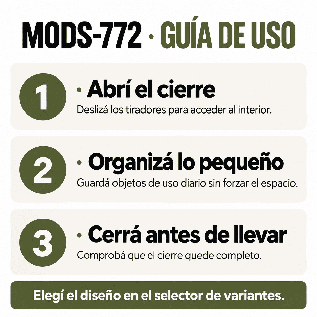 Morral MODS-772: guía para abrir, organizar objetos pequeños y cerrar |BOLSOMORR772G| |VAR-0051| |VAR-0052|