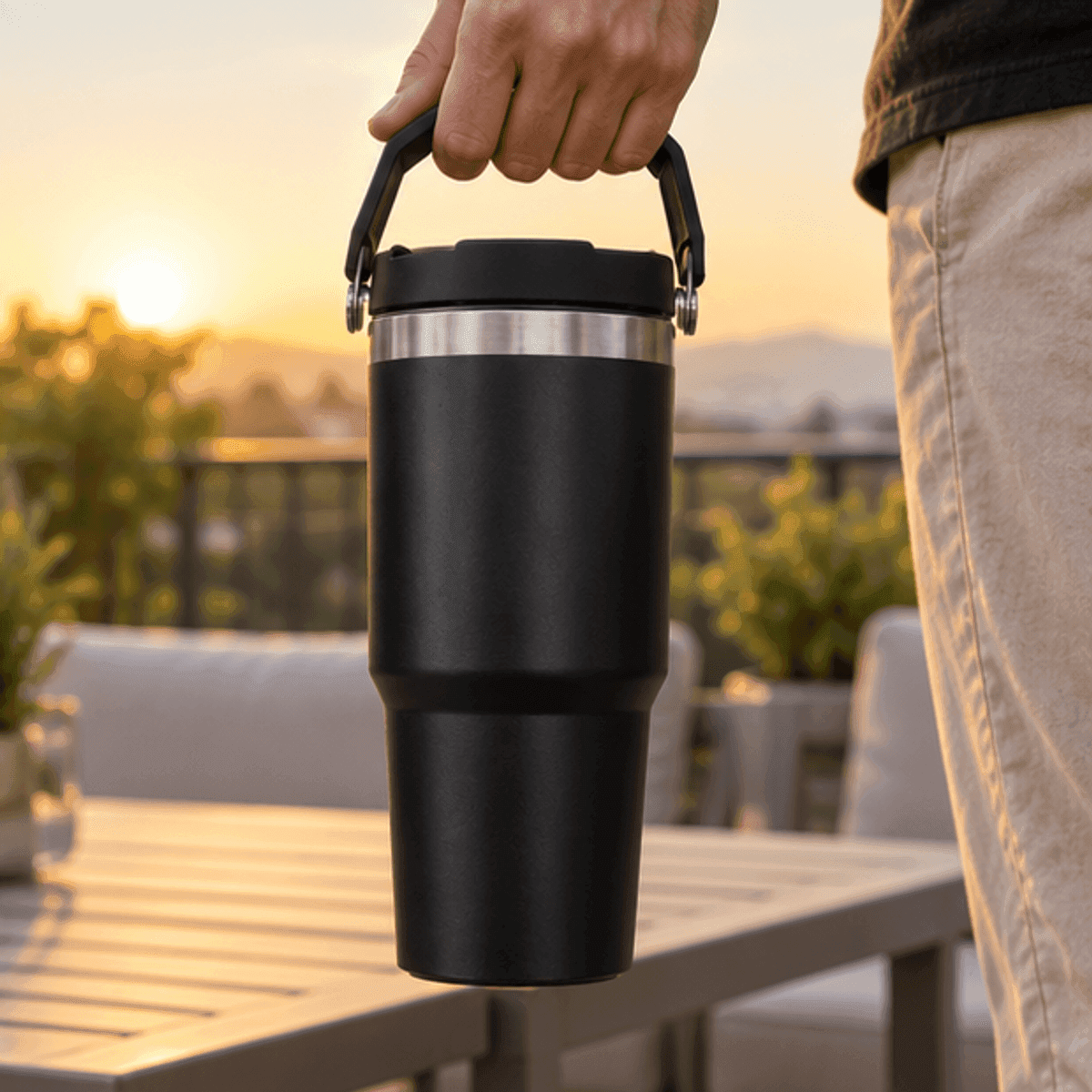 HANDOFF-48|VASTERMSIMILSTANN|07|423f7c0b6401|Vaso Térmico 900 ml con Tapa de 3 Posiciones y Asa - Negro - Escena editorial aspiracional
