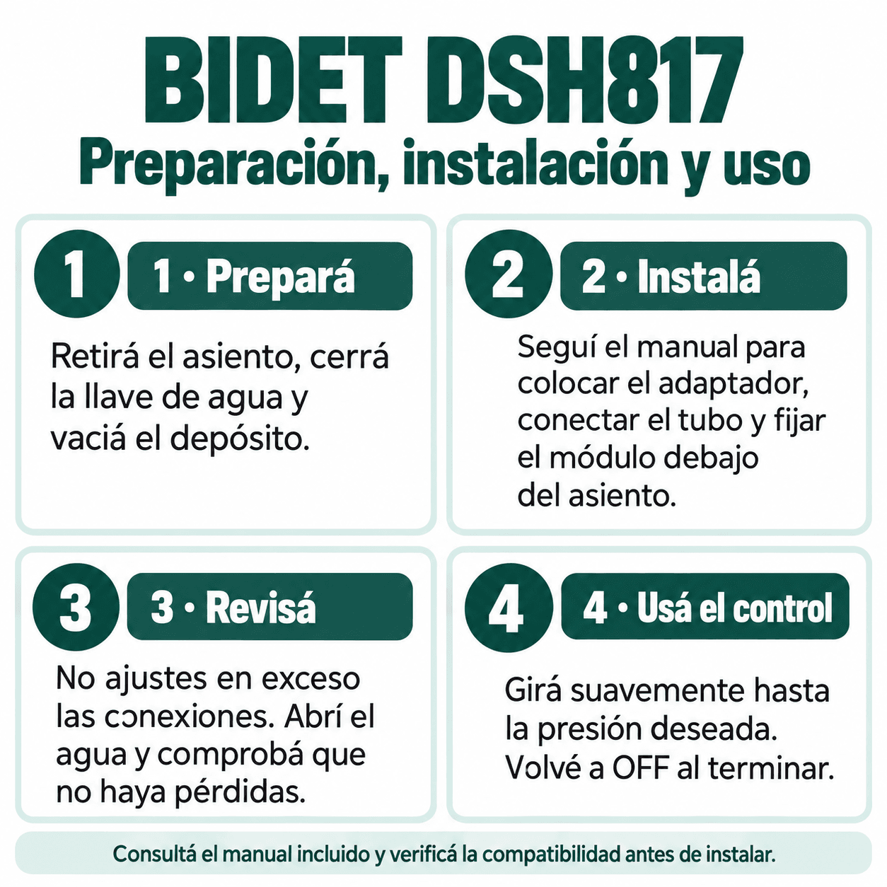 Bidet DSH817: preparación, instalación, control de pérdidas y uso según el manual |DSH817|