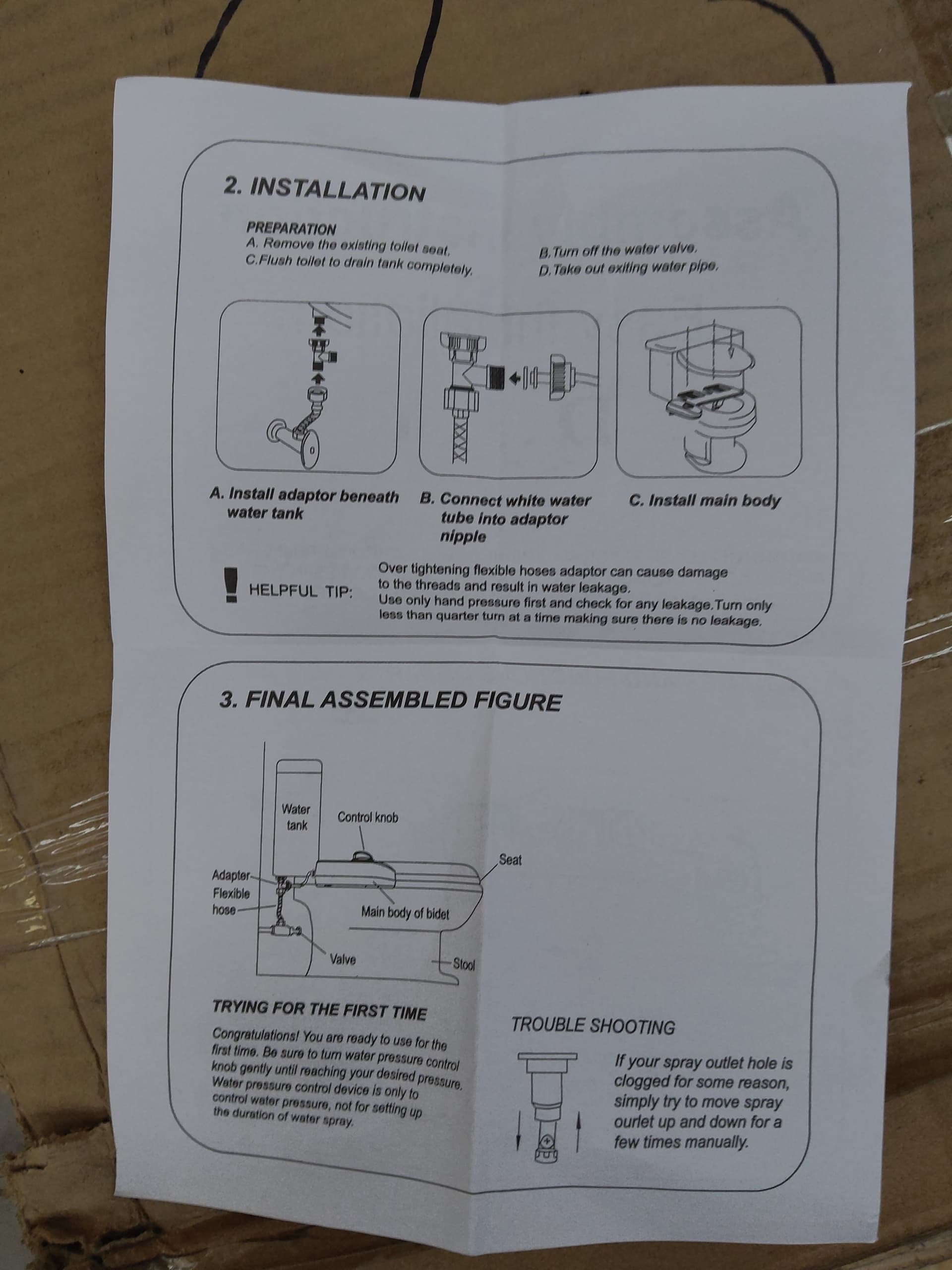 Bidet DSH817: instrucciones de instalación del manual recibido |DSH817|