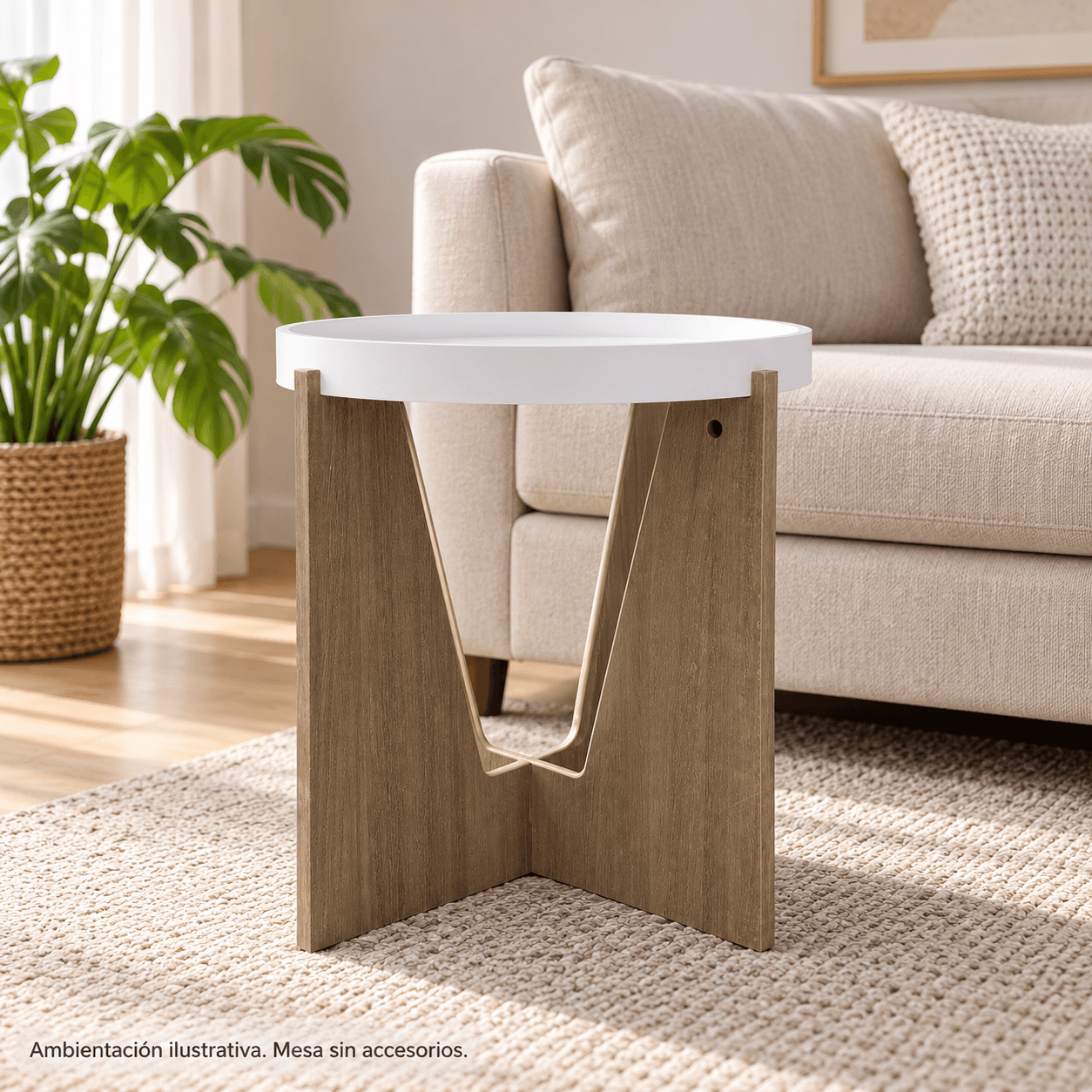 Mesa OR-ST02 junto a sofá, con ambientación ilustrativa y sin accesorios incluidos.