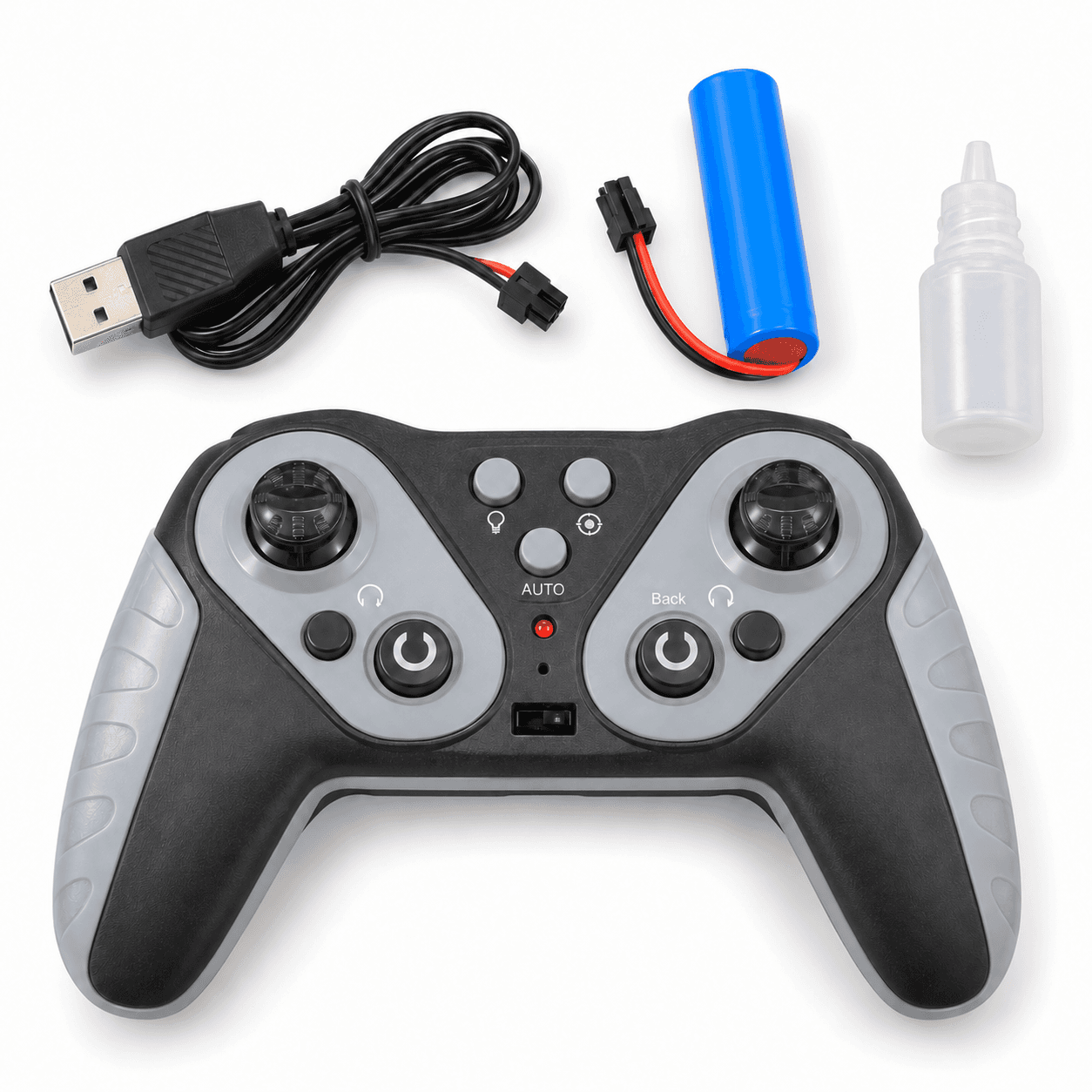 Detalle de los accesorios del perro robot: control, batería, cable USB y frasquito |PERRROBNIÑOS|