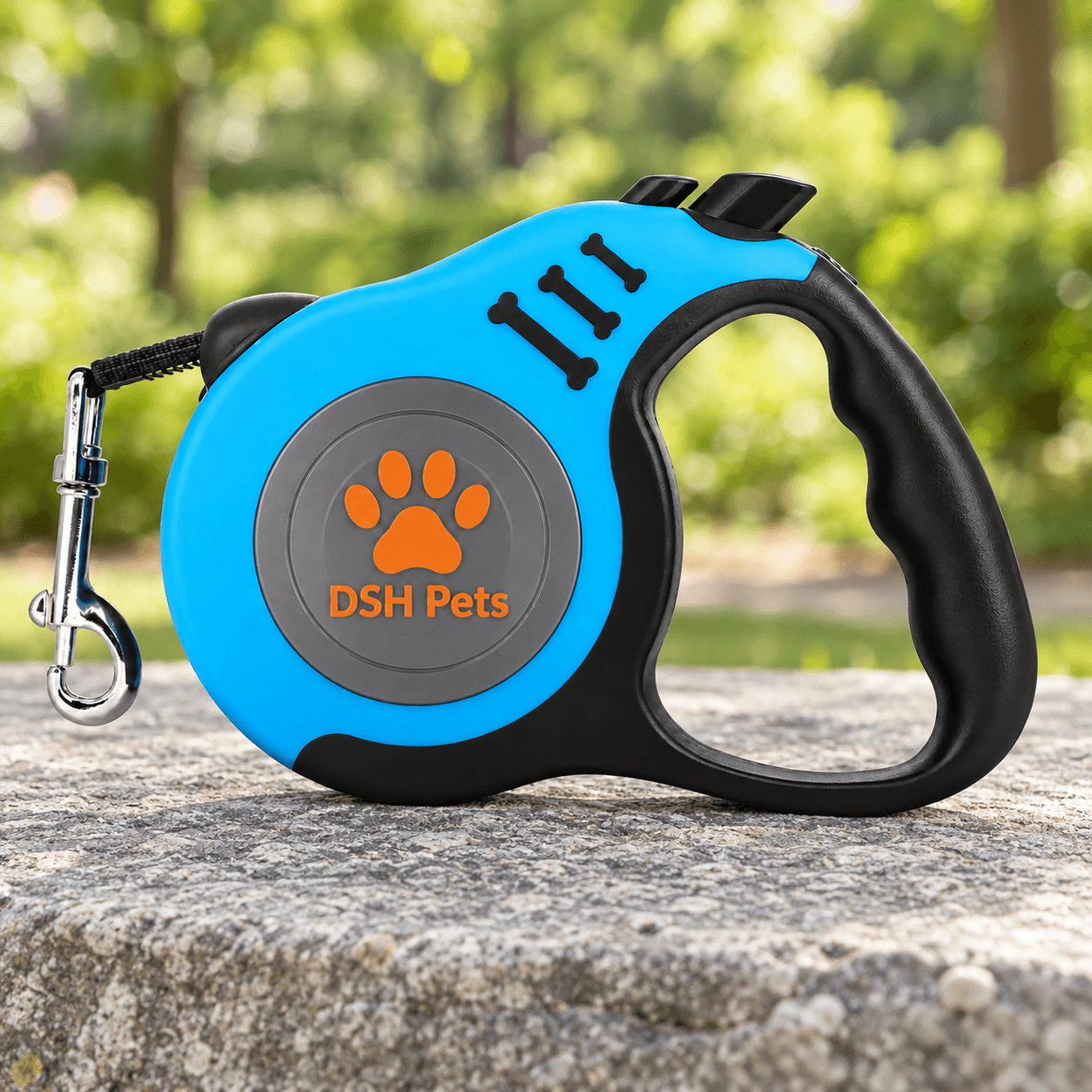 Correa DSH Pets azul sobre piedra en un parque |US583| |VAR-0088| |VAR-0089| |VAR-0090|