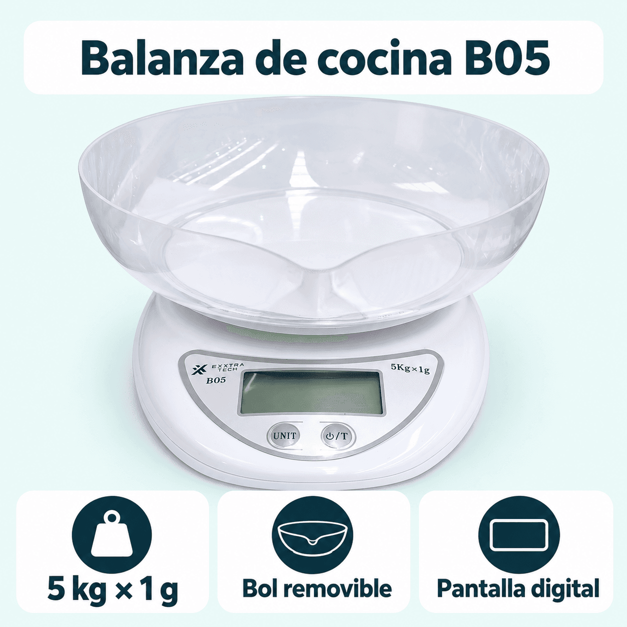 Balanza B05: capacidad rotulada de 5 kg y graduación de 1 g