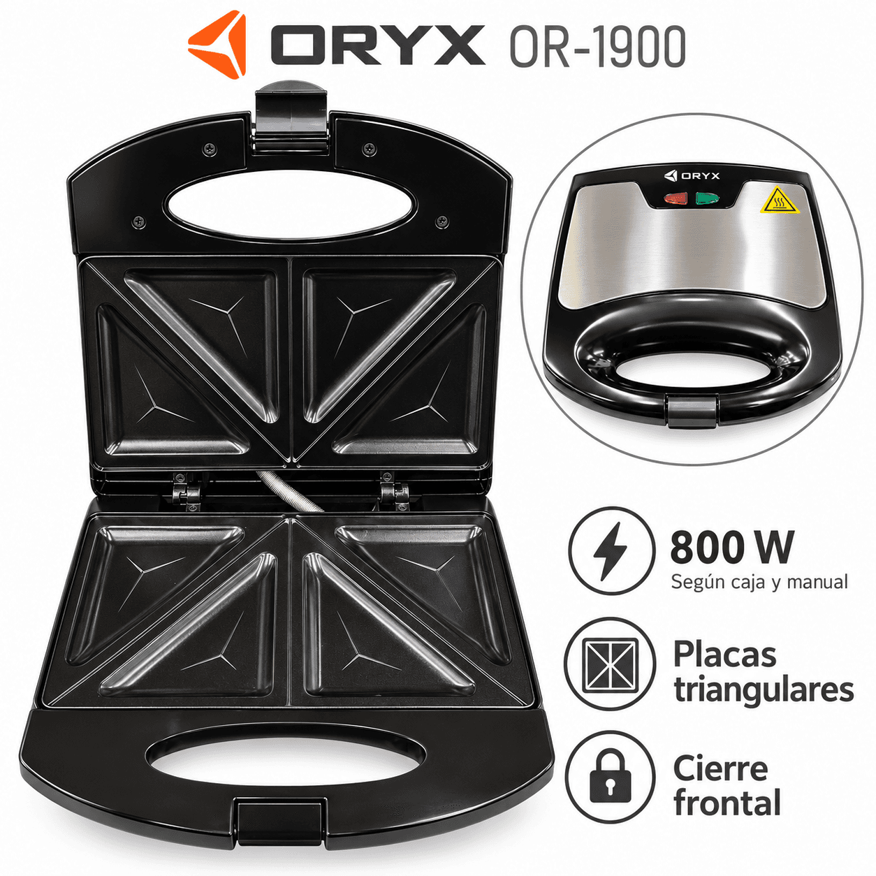 ORYX OR-1900: 800 W según caja y manual, placas triangulares y cierre frontal.