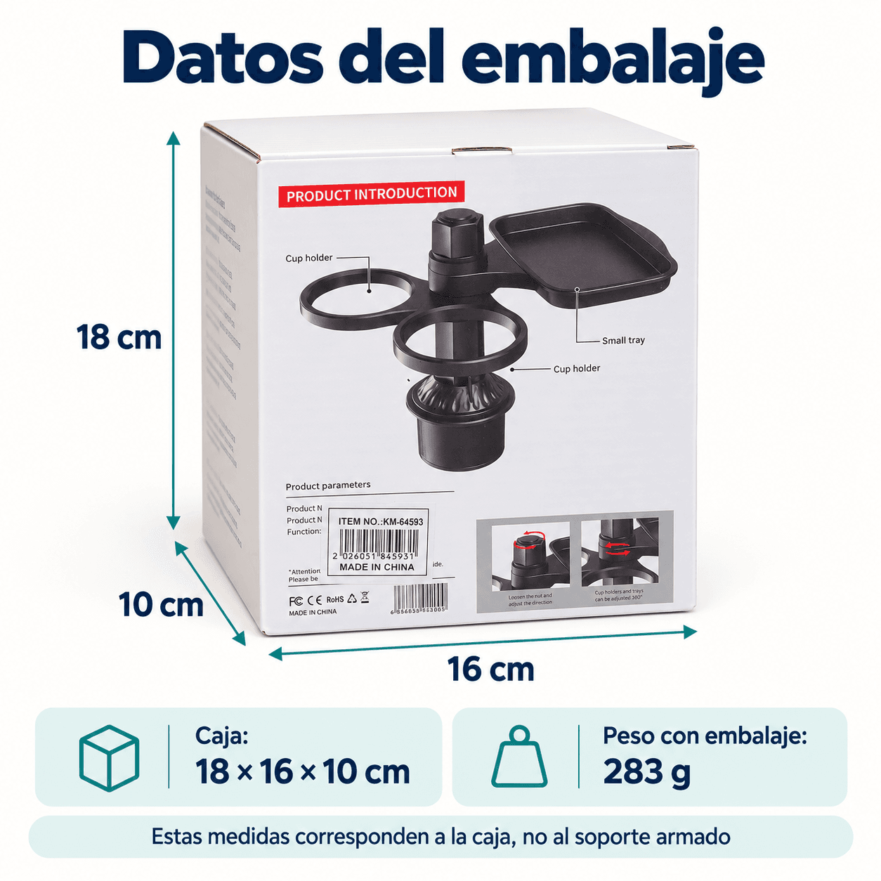 Caja del soporte multiuso: 18 × 16 × 10 cm y 283 g con embalaje |SOPMULTAUT|