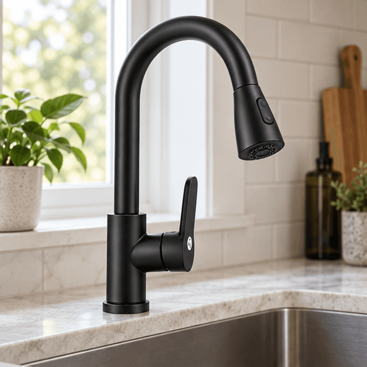 HANDOFF-48|US26654|02|9a22c2425432|Grifería de Cocina 304 Negra con Pico Flexible Extraíble - Única - Producto en contexto de uso