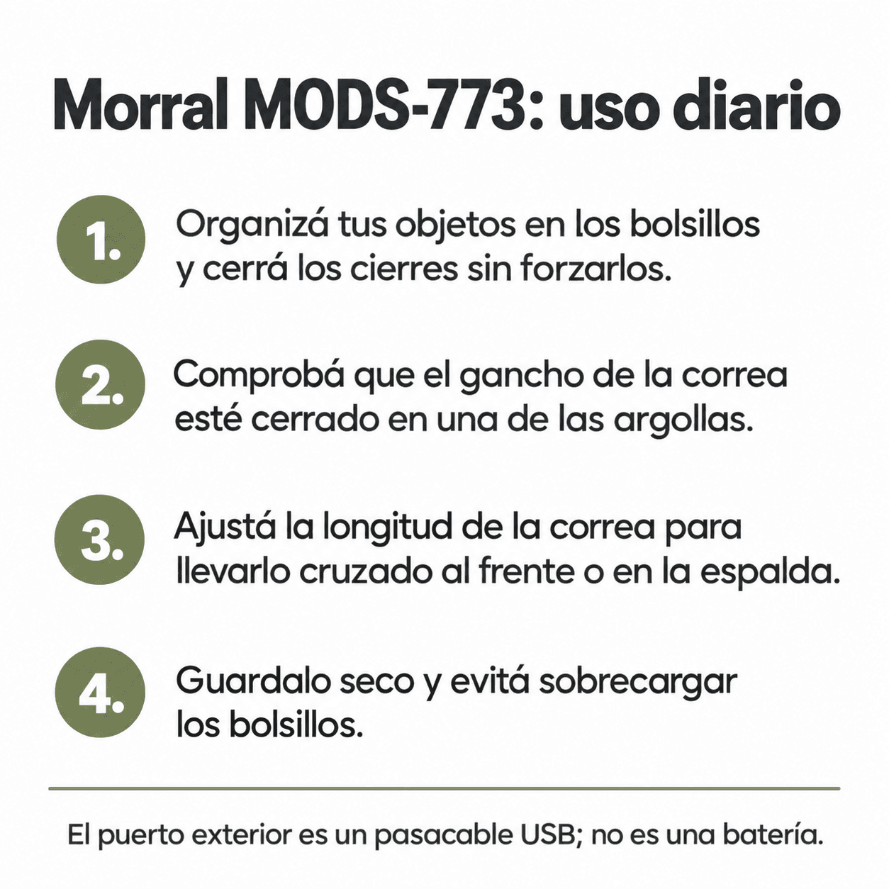Morral MODS-773: organizar, ajustar la correa y cuidar el pasacable USB |BOLSOMORR773G| |VAR-0050| |VAR-0048| |VAR-0049|