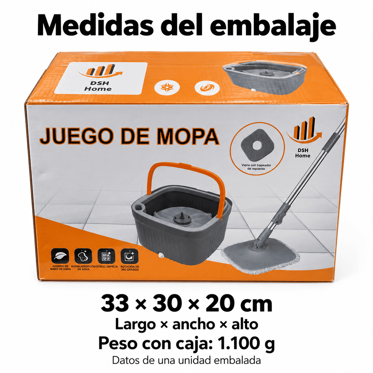 Caja individual de 33 por 30 por 20 cm y peso con caja de 1.100 gramos