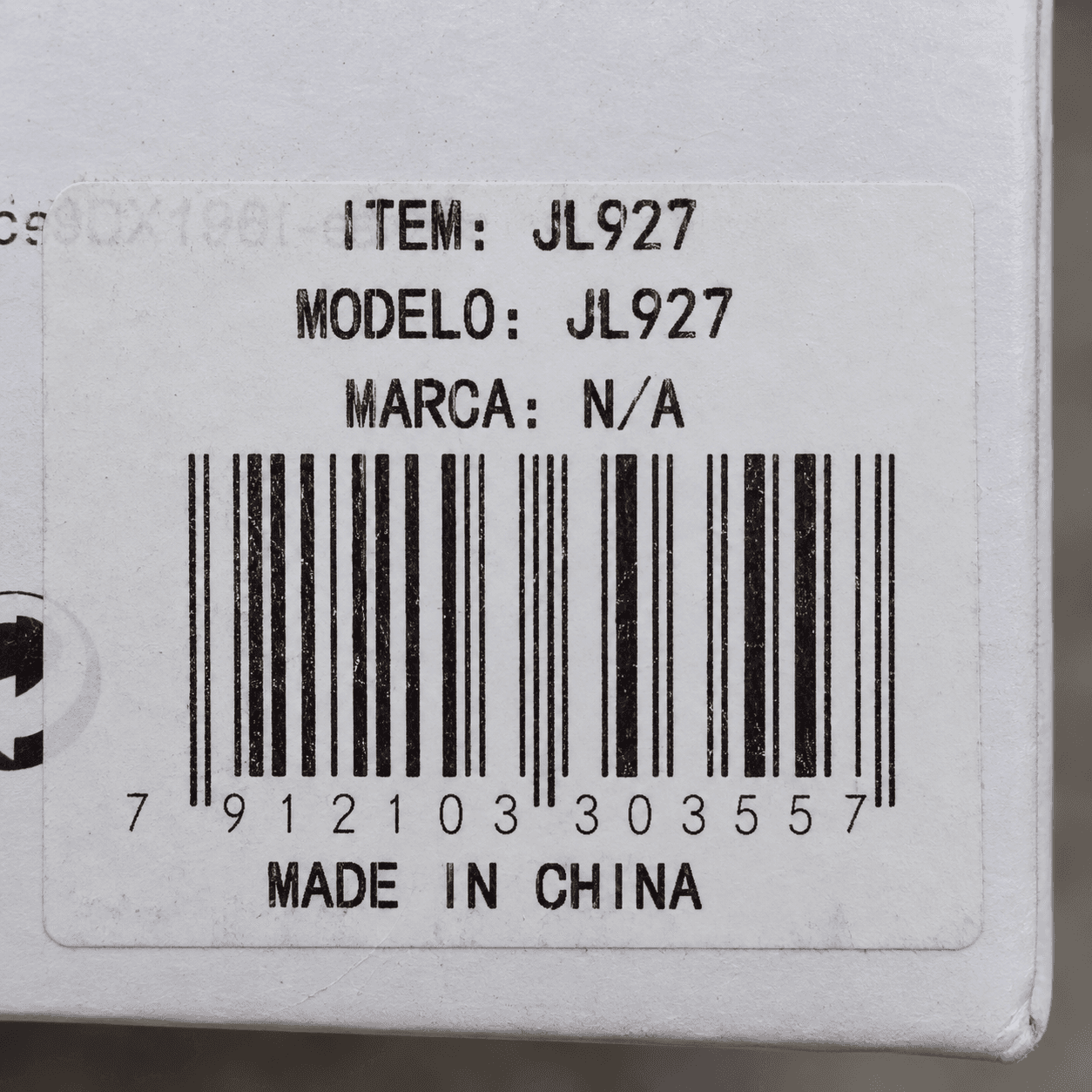 |JL927| Etiqueta de caja JL927 con identificación del modelo y código del producto.