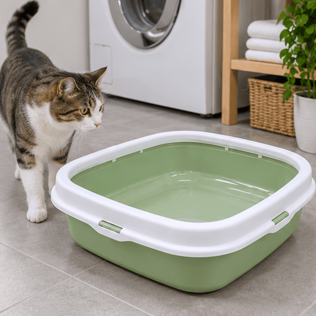 HANDOFF-48|US576|02|4608f3864410|Arenero Grande para Gatos con Borde y Pala - Verde - Producto en contexto de uso