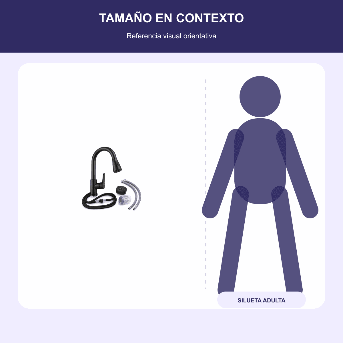 HANDOFF-48|US26654|04|3cc116888e33|Grifería de Cocina 304 Negra con Pico Flexible Extraíble - Única - Referencia visual de escala