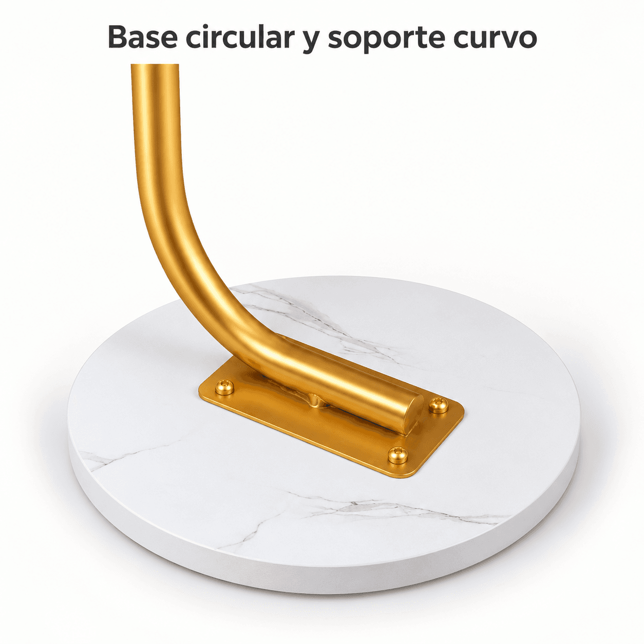 Detalle de base circular y soporte curvo dorado de la mesa OR-ST01
