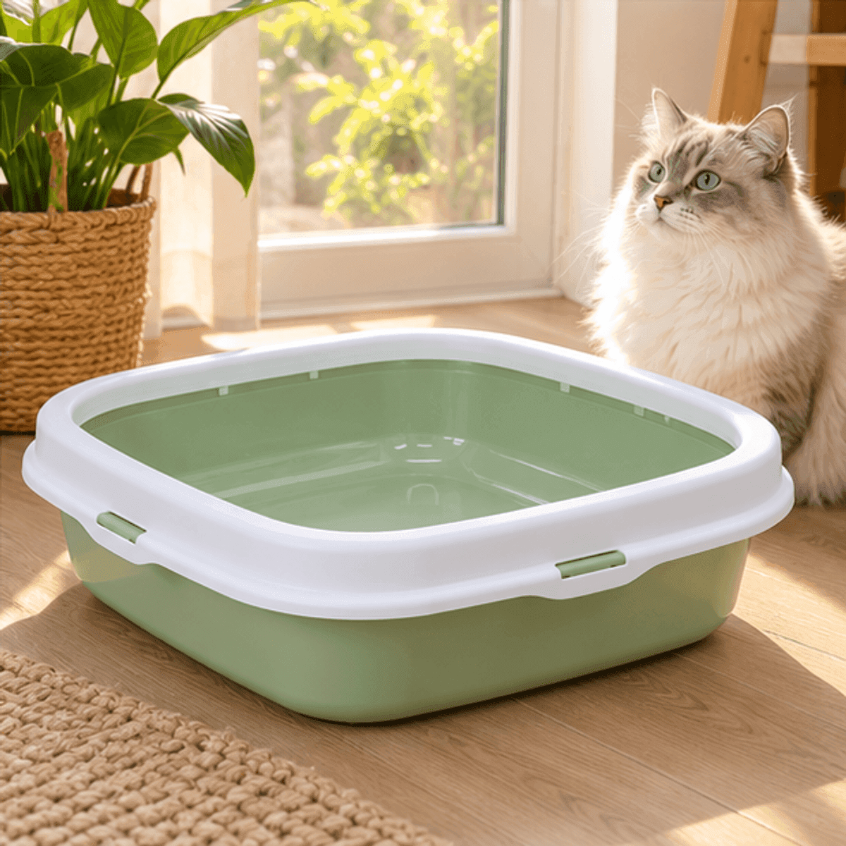HANDOFF-48|US576|07|c1d5a1c6206f|Arenero Grande para Gatos con Borde y Pala - Verde - Escena editorial aspiracional