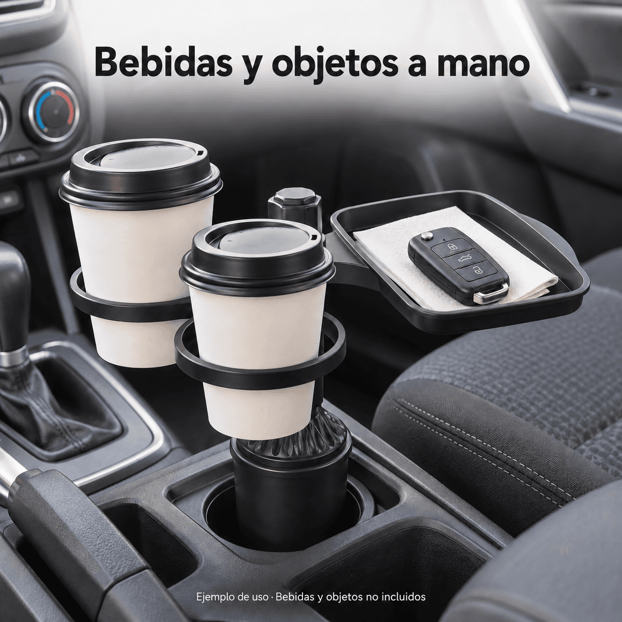 Soporte multiuso en consola de auto con dos vasos y bandeja; ejemplo de uso, objetos no incluidos |SOPMULTAUT|