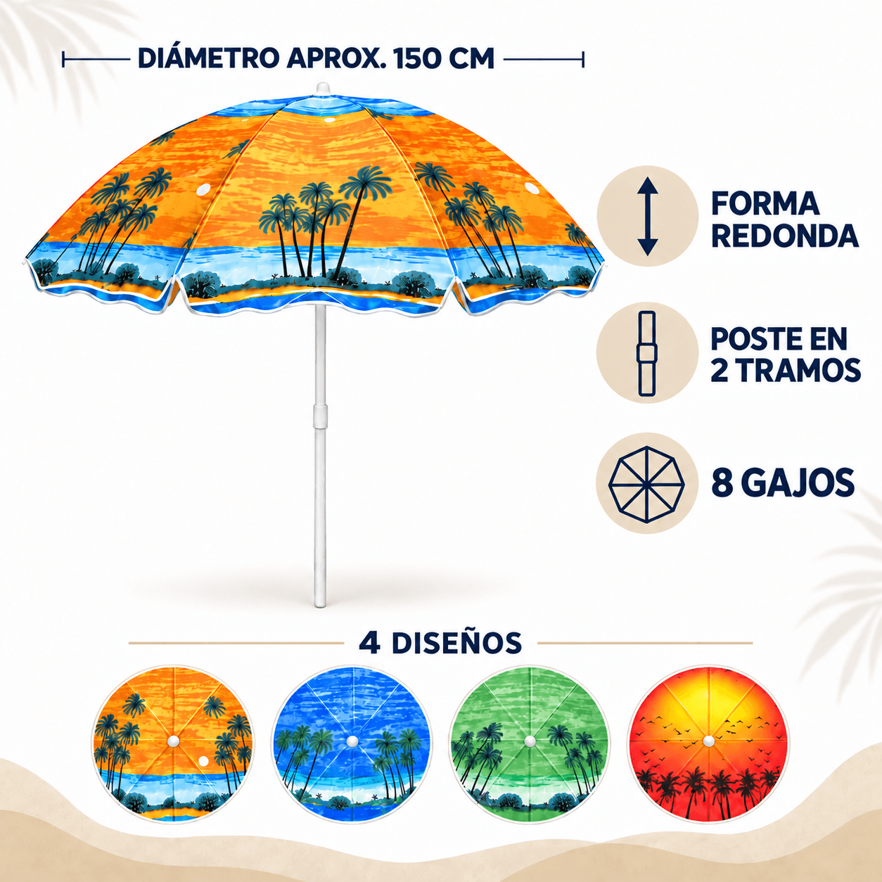 Sombrilla Playera Tropical Estampada 150 cm con Poste Desmontable - foto 06 [SOMBRILLA-KM7450-2026-09-25 7579e808b198]