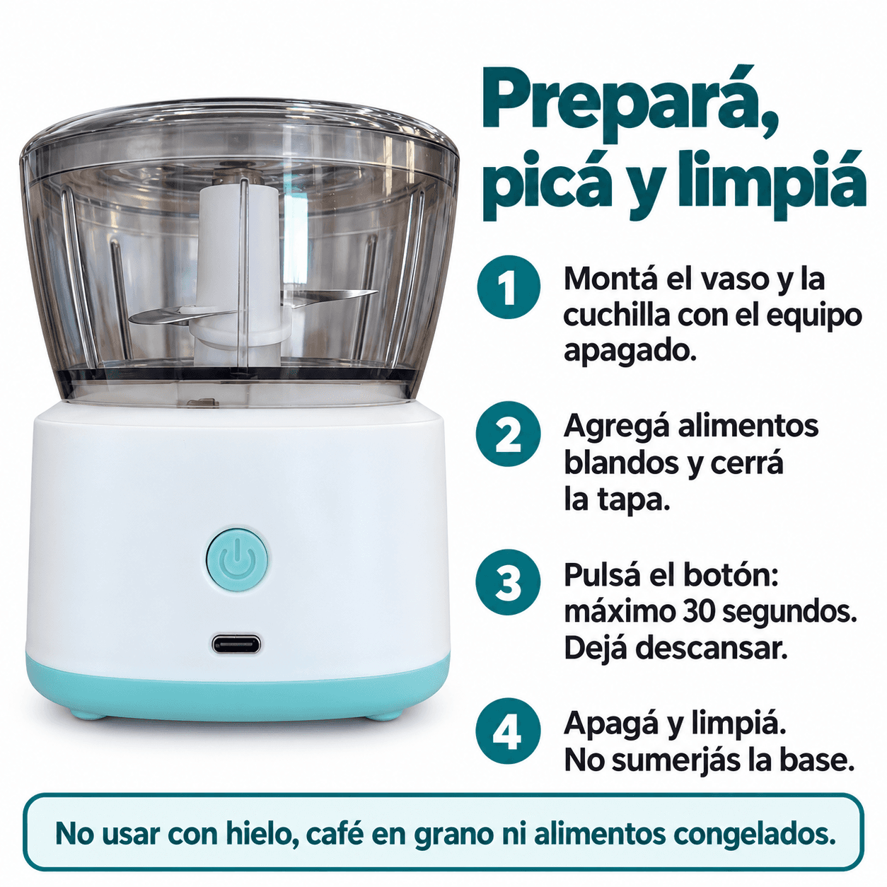 Procesador recargable blanco y turquesa: preparación, ciclos de hasta 30 segundos y limpieza según el manual |VAR-0062|