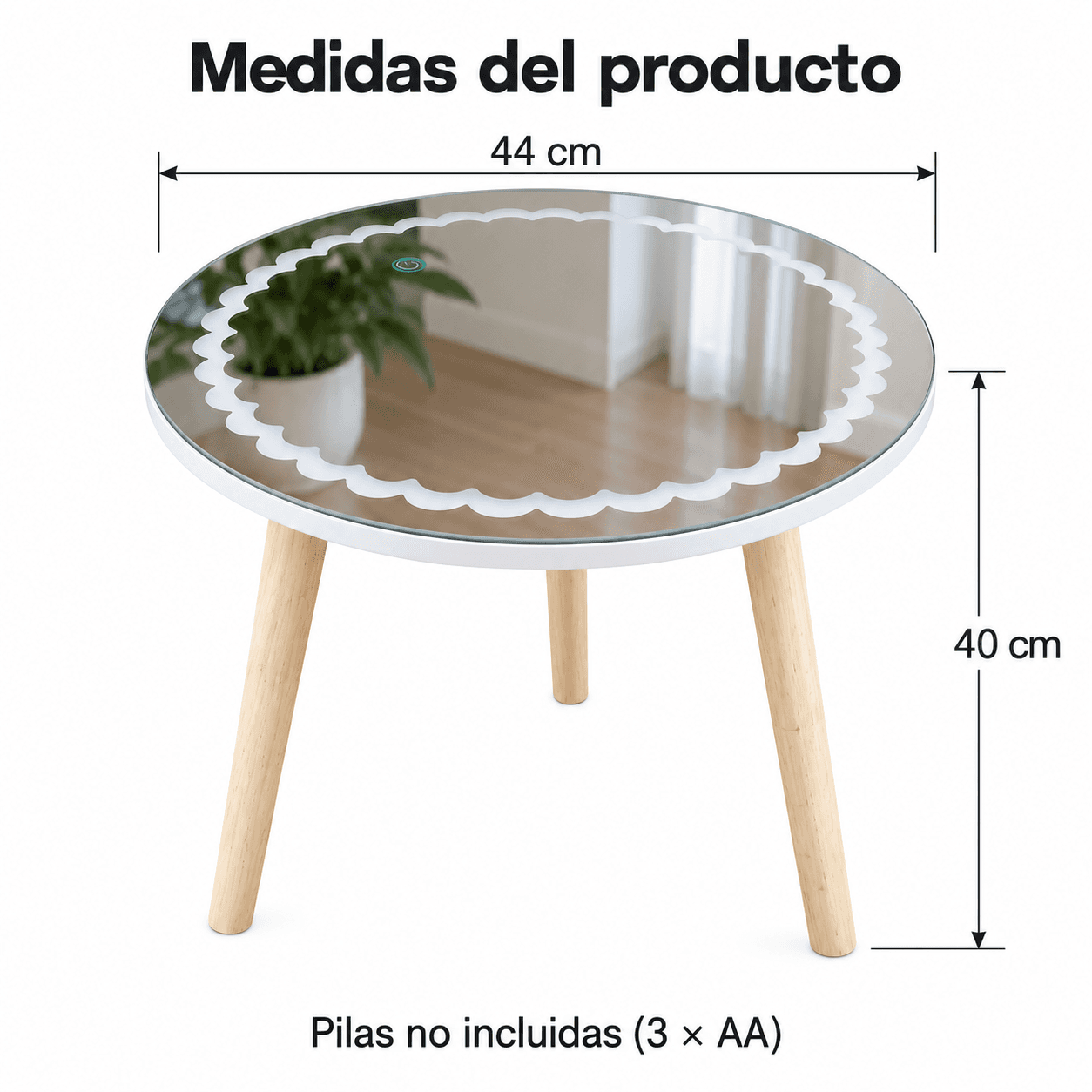 Medidas del producto ORYX OR-ST03: diámetro 44 cm y altura 40 cm; pilas no incluidas (3 × AA)