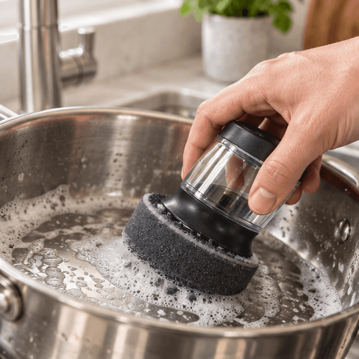 HANDOFF-48|ESPCOCINAINT|02|73bd310a94eb|Cepillo de Cocina con Dispensador de Detergente y Base - Única - Producto en contexto de uso