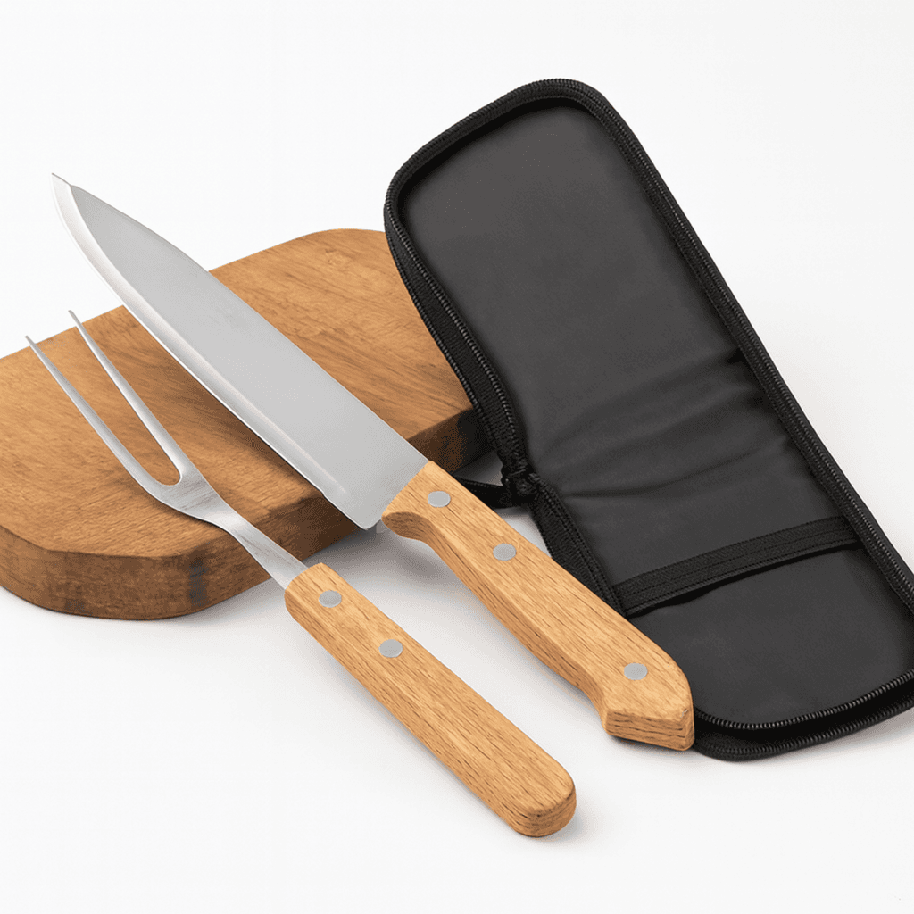 Juego Asado Cuchillo Tenedor Mango Madera Estuche Portátil
