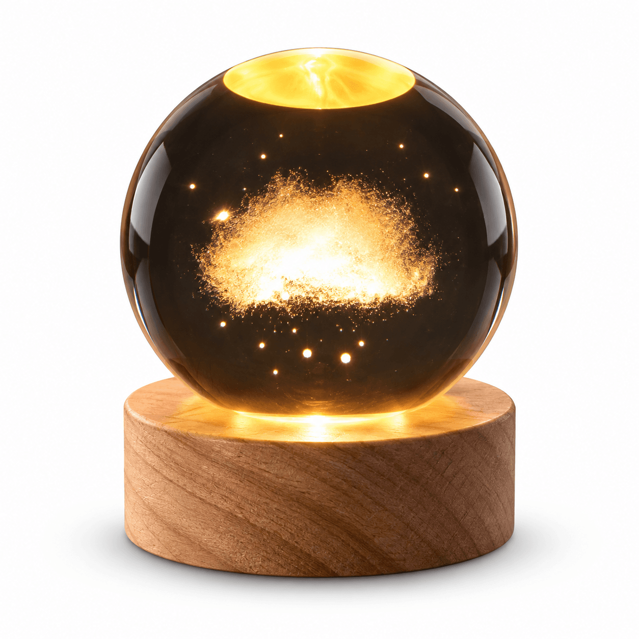 Esfera de Luz Bola de Cristal con Grabado 3D y Base de Madera