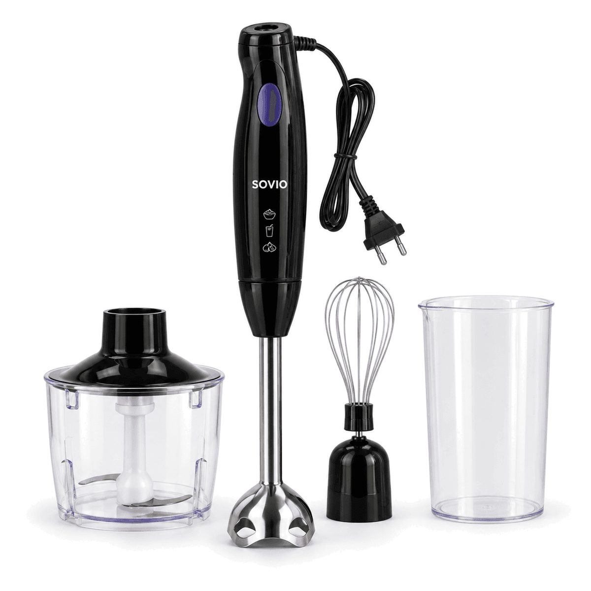 Minipimer SOVIO S-718 4 en 1 1000 W con Picadora, Batidor y Vaso