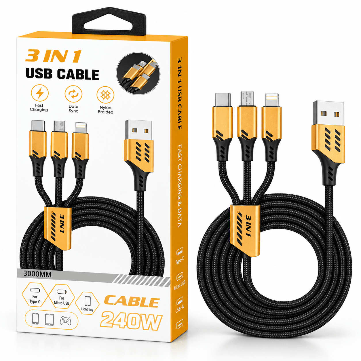 Cable USB 3 en 1 Trenzado para Carga Rápida