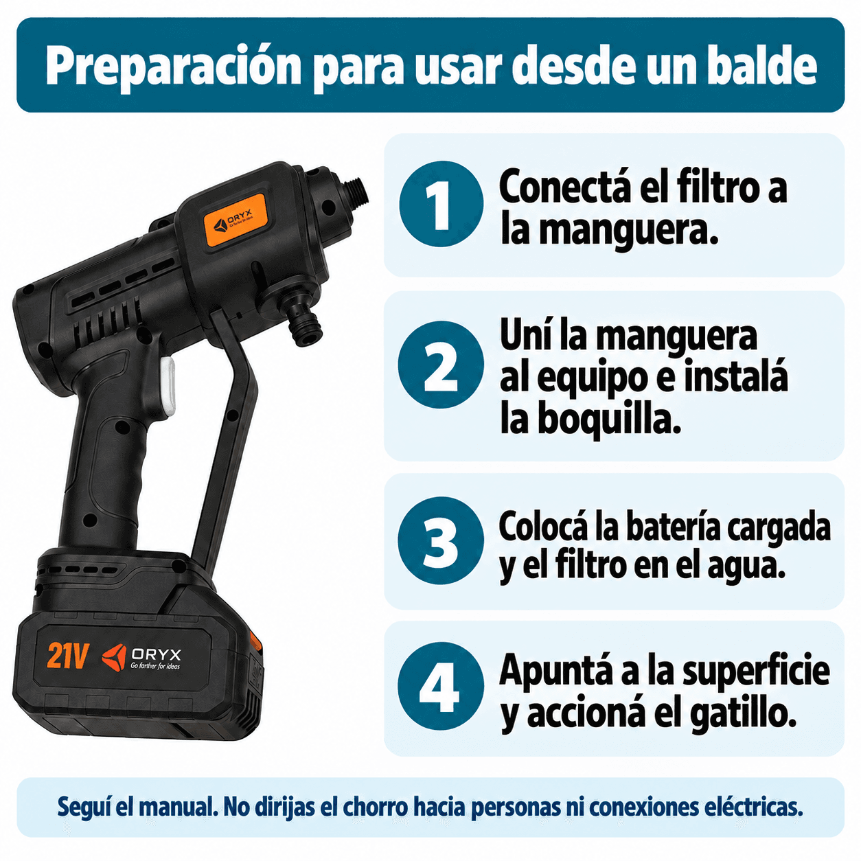 Hidrolavadora Inalámbrica 21 V Oryx con Accesorios